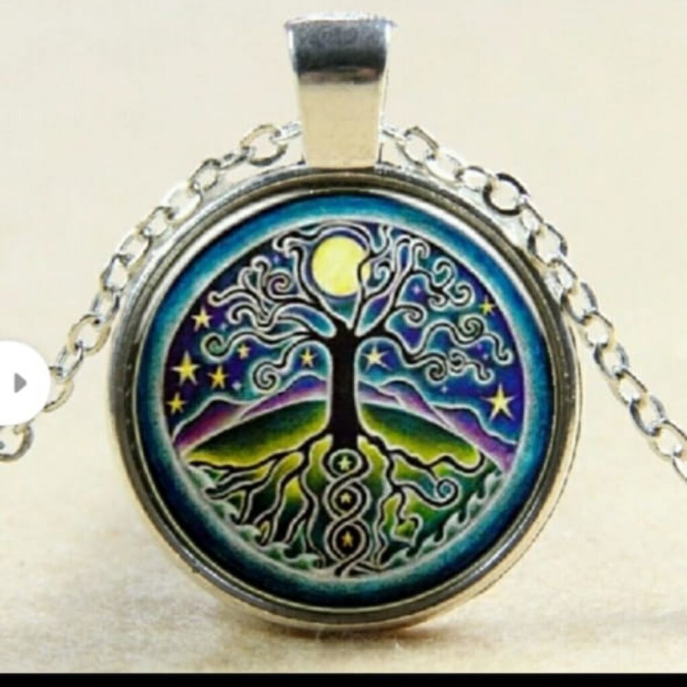Full Moon Sky Tree Gem Pendant Necklace Silver